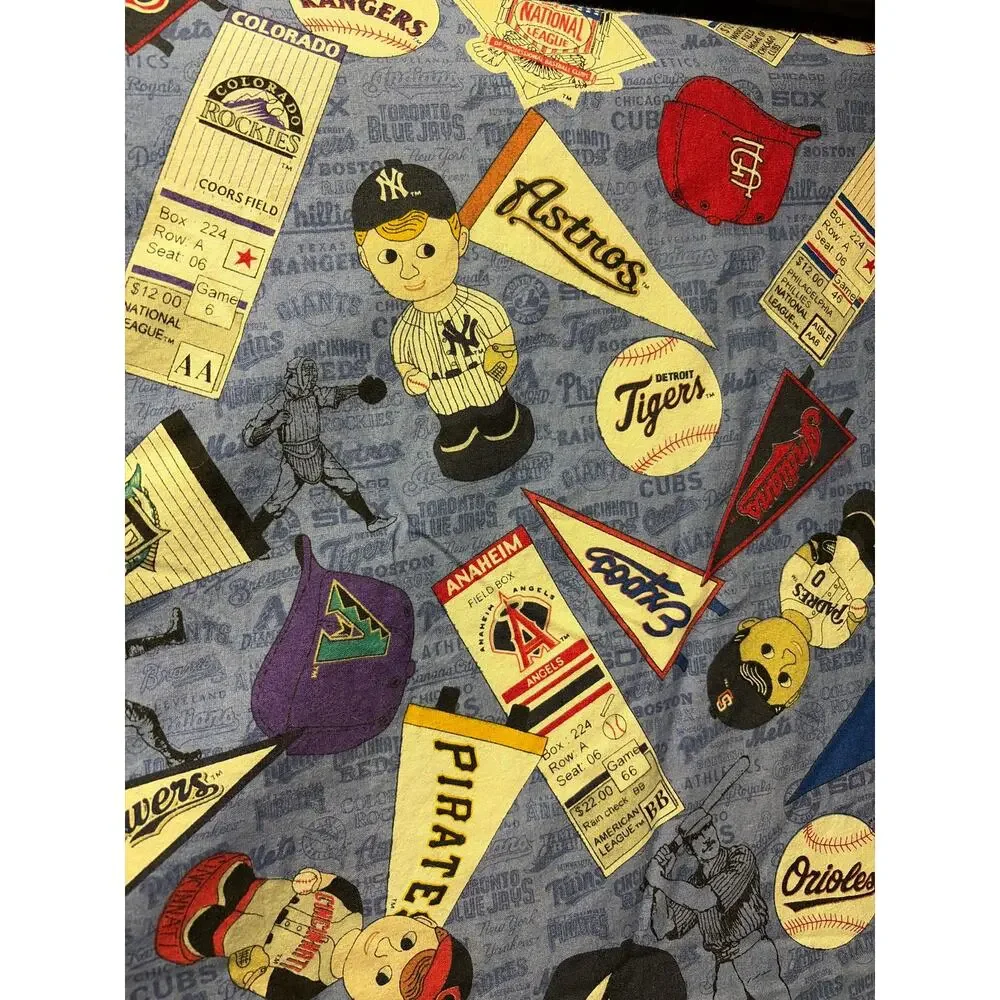 Vintage MLB Baseball Favric All Team Pennant Mascot Ticket Stub Cotton Quilt VTG